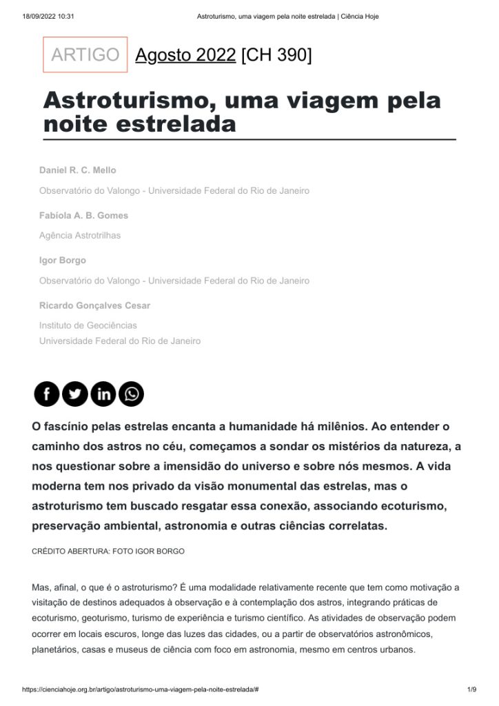 Capa da publicação Astroturismo, uma viagem pela noite estrelada.