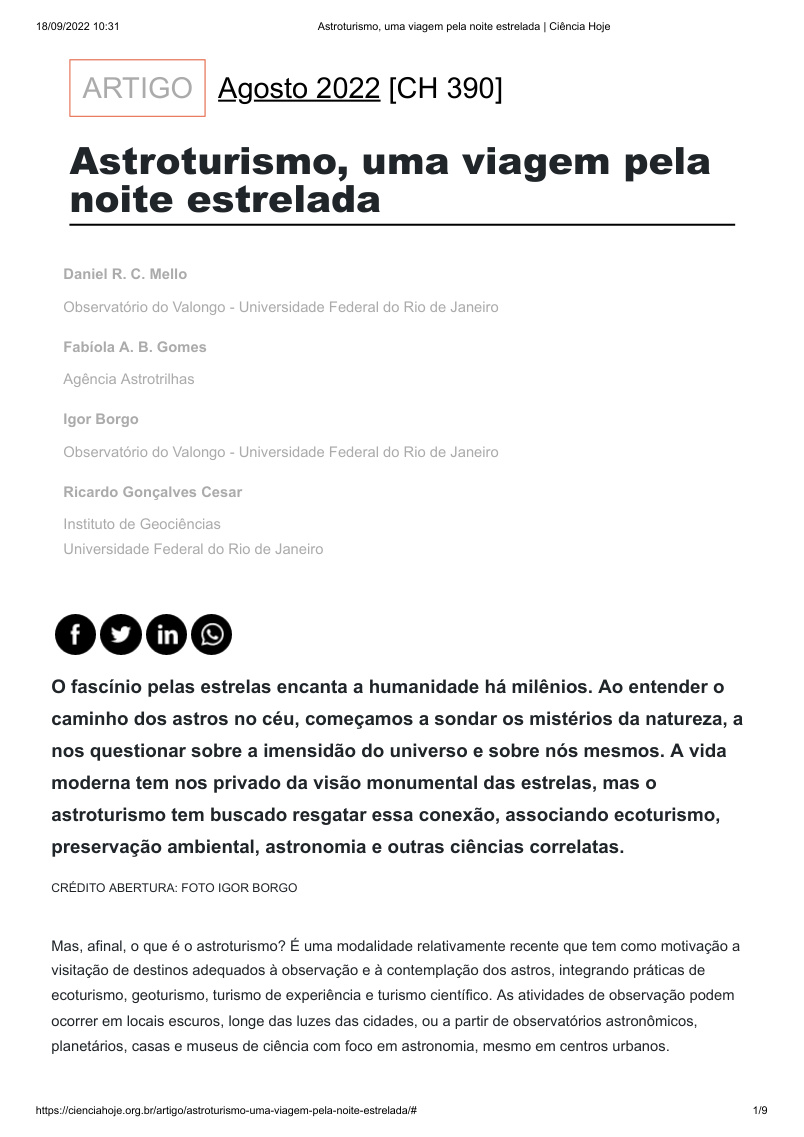 Capa da publicação Astroturismo, uma viagem pela noite estrelada.