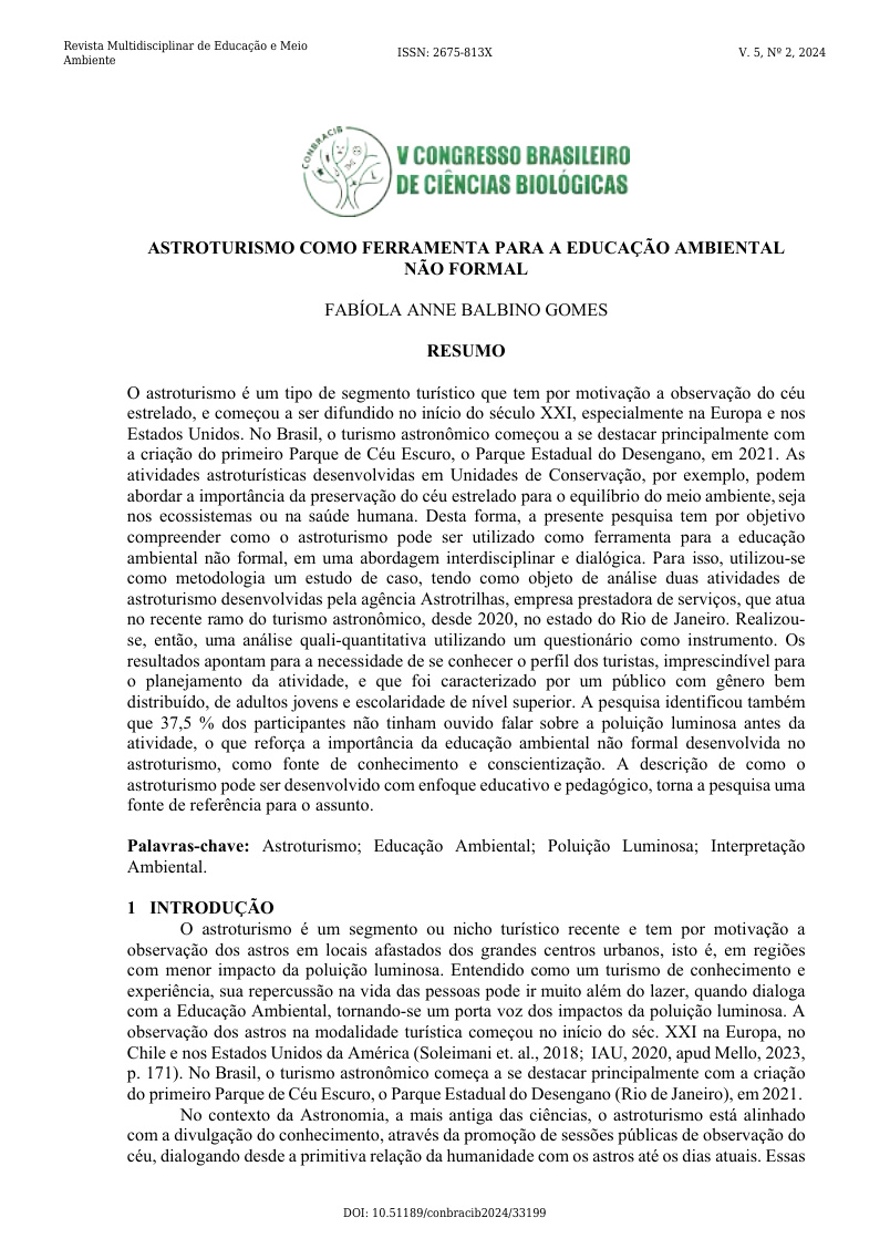 Capa da publicação Astroturismo como ferramenta para a educação ambiental não formal.