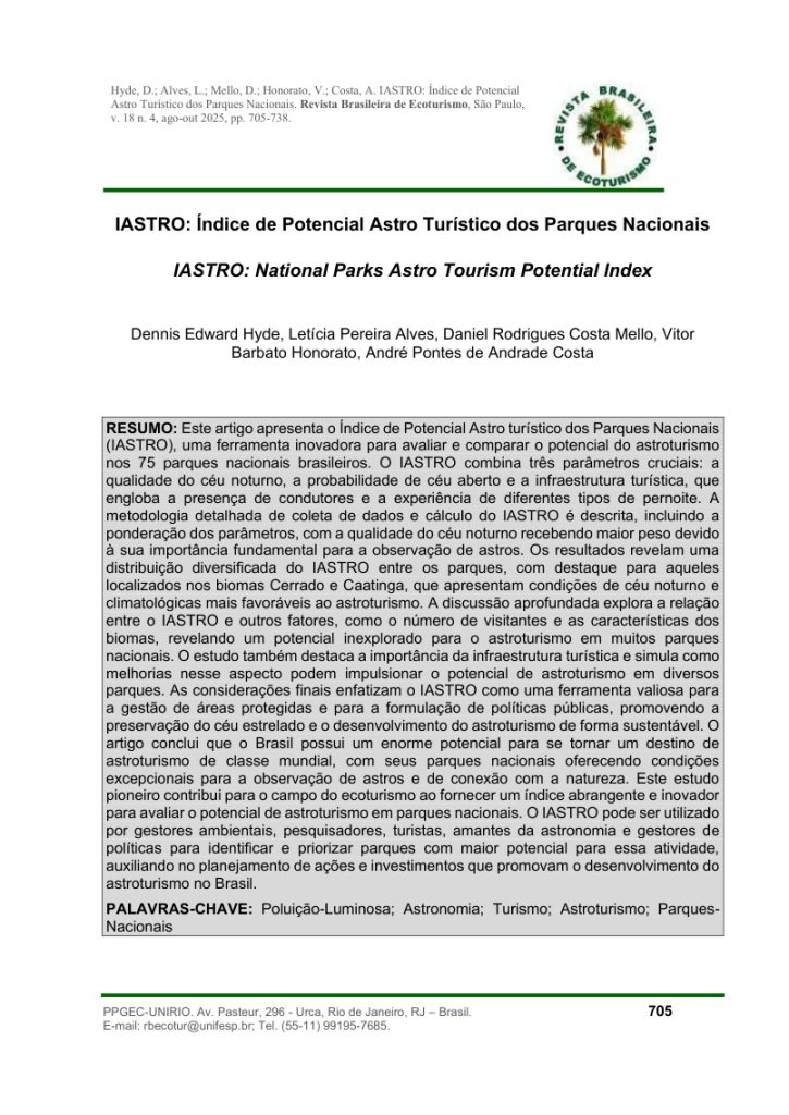 Capa da publicação IASTRO: Índice de Potencial Astroturístico dos Parques Nacionais.