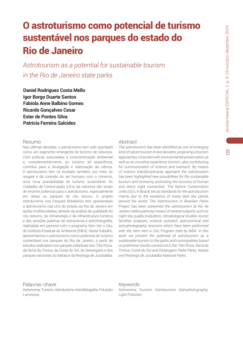 Capa da publicação O astroturismo como potencial de turismo sustentável nos parques do Rio de Janeiro.