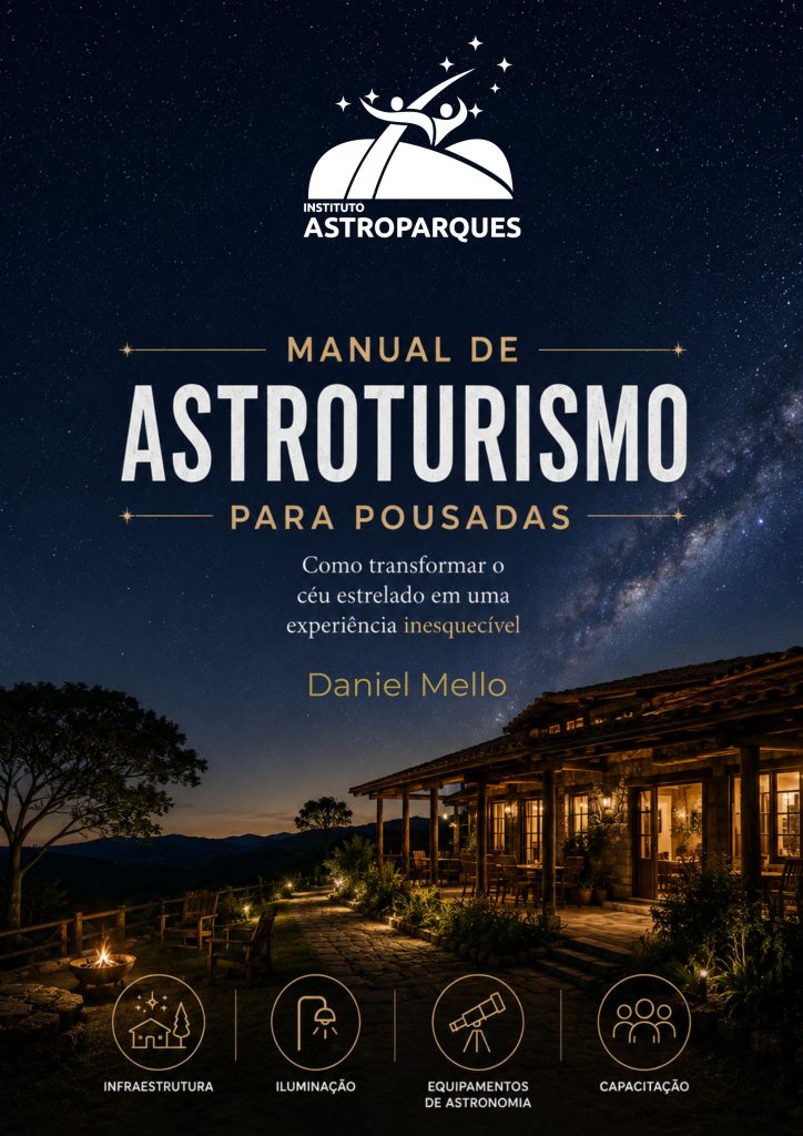 Capa do Manual de Astroturismo para Pousadas, de Daniel Mello, com uma pousada iluminada sob o céu estrelado.